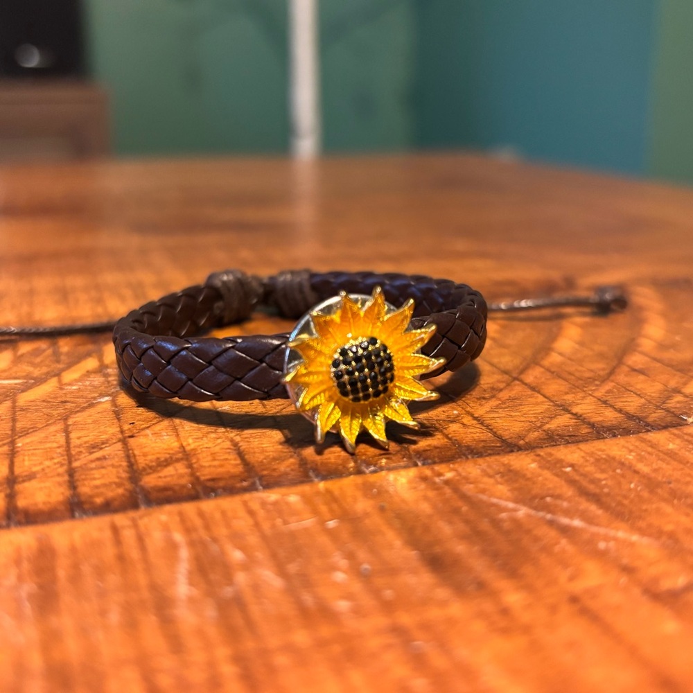 Brown Braided Leather Charm Bracelet with Sunflower, Owl, and Floral D Charms